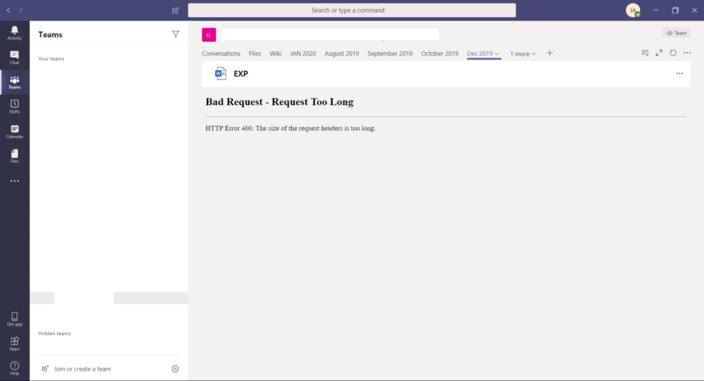 Microsoft Teams bad request request too long