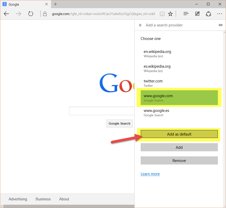 Search Provider make Google the default search engine in Microsoft Edge
