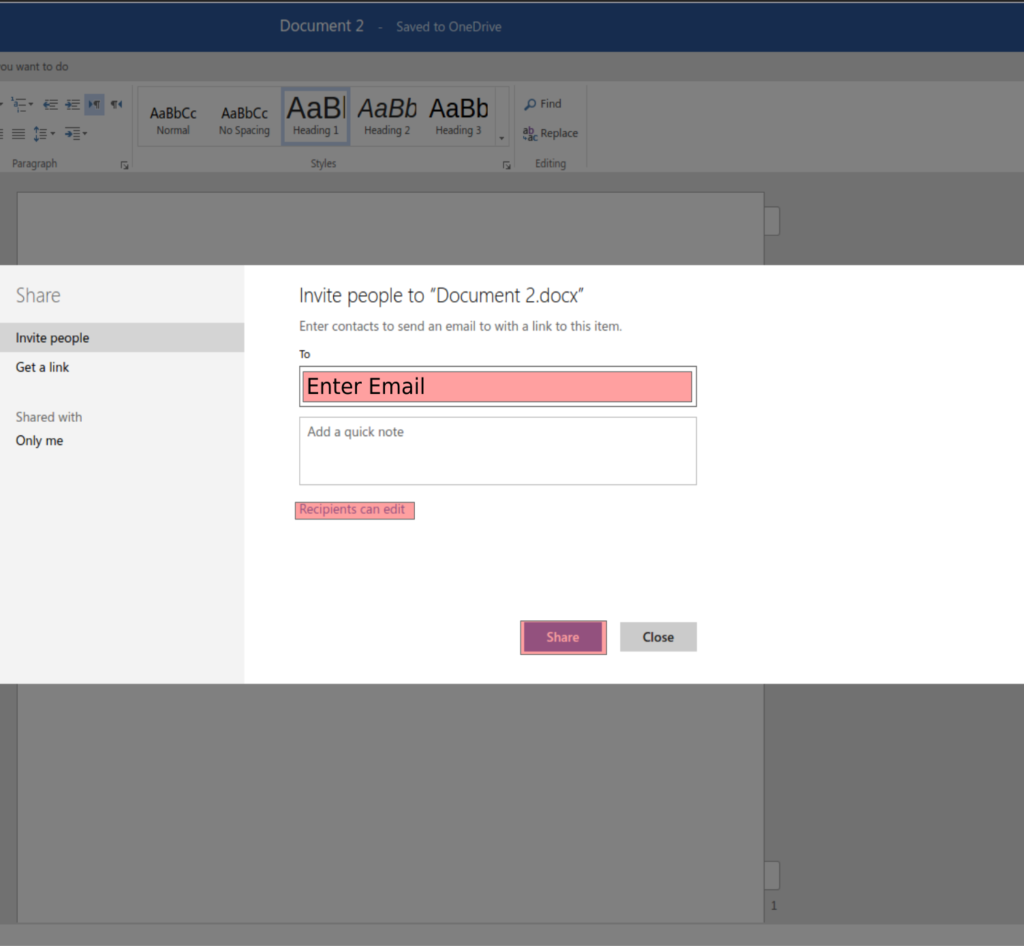Office 365 Co-Authoring feature sharing invitation