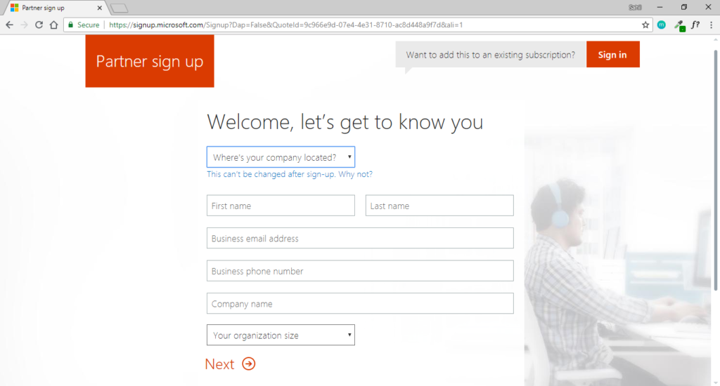 Office 365 web sign-up-partner page