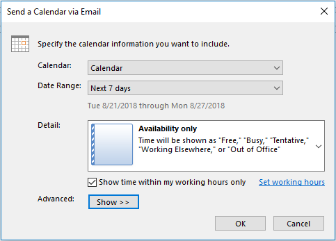 send availability outlook calendar via email